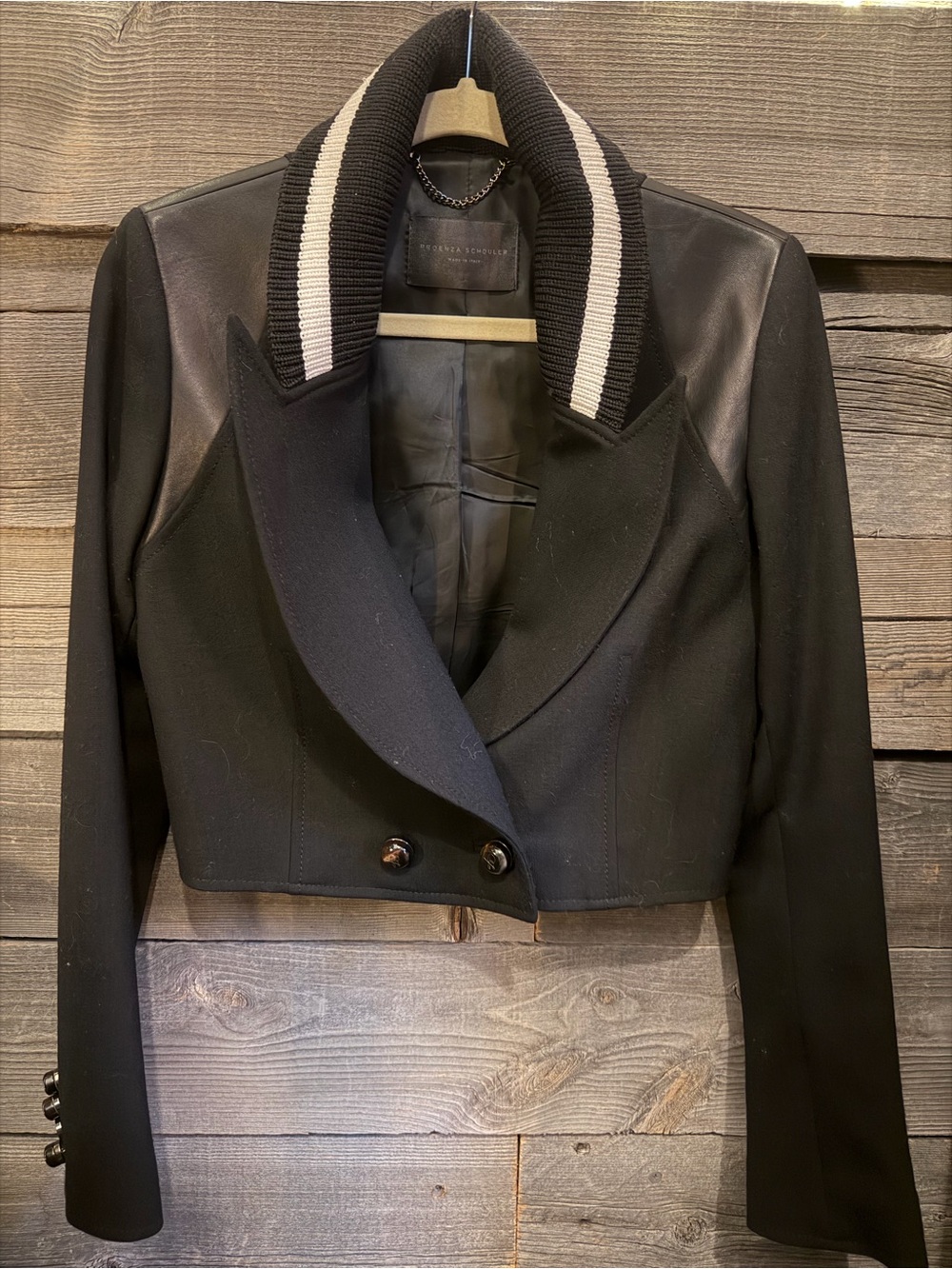 Proenza Schouler Black Cropped Bomber-Style Blazer with Contrast Rib Collar